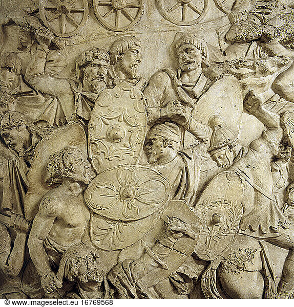 Roman  113AD. A night battle between German auxiliary troops and the Dacians. Detail from the relief band with scenes from Trajan’s Dacian campaigns  1st war 
2nd campaign winter 101/102 AD. Plaster cast  1861  of marble original from Trajan’s Column in Trajan’s Forum in Rome. Height 90–125cm. No. 3049
Rome  Museo della Civiltà Romana.
