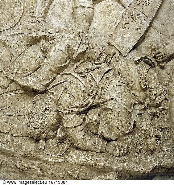 Roman  113 AD. Attack on a Dacian fortress: a fallen Dacian. Detail from the relief with scenes from Trajan’s Dacian Wars  second war 
fifth campaign 106 AD.
Plaster  1861  after the marble original of Trajan’s Column on Trajan’s Forum in Rome  90–125cm high. Nr. 3116
Rome  Museo della Civiltà Romana.