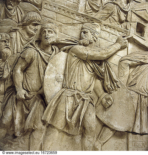 Roman  113 AD. Dacians preparing for war: Dacians gathering in a fortress. Detail from the relief band with scenes from Trajan’s Dacian Wars  2nd war 
4th campaign 105 AD.
Plaster cast  1861  of marble original from Trajan’s Column in Trajan’s Forum in Rome. Height 90–125cm. No. 3100.
Rome  Museo della Civiltà Romana.