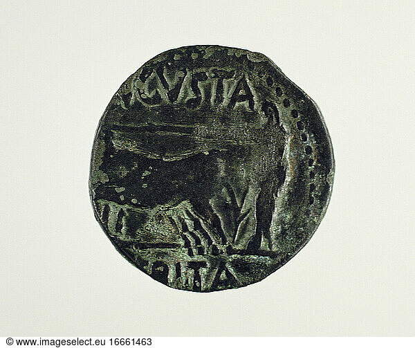 Roman coin. As. Reverse. 1st century BC. Decoration: Merida foundation. Oxen guided by a priest. Merida (Augusta Emerita). National Museum of Roman Art. Merida.