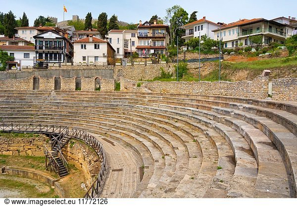 Roman era amphitheatre  from from 200 bc  in Hellenistic style  old town  Ohrid  Macedonia.