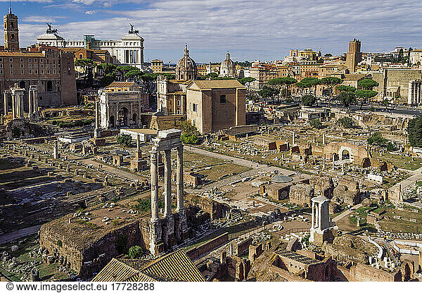 Roman Forum elevated panoramic view with ancient ruins  UNESCO World Heritage Site  Rome  Lazio  Italy  Europe