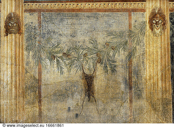 Roman fresco depicting a goatskin hanging from a pine garland. Triclinum. House of Scientists. Pompeii. 1st century BC. National Archaeological Museum. Naples. Italy.