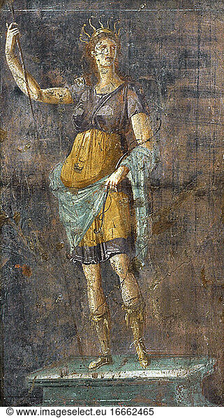 Roman fresco depicting a statue of Diana on a pedestal. Background  a wall in red cinnabar  blackened by exposure to the sun. 1st century BC. National Archaeological Museum. Naples. Italy.