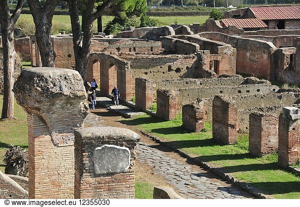 Roman houses along the Cardo degli Aurighi. At the mouth of the River Tiber  Ostia was Rome's seaport two thousand years ago. Italy.