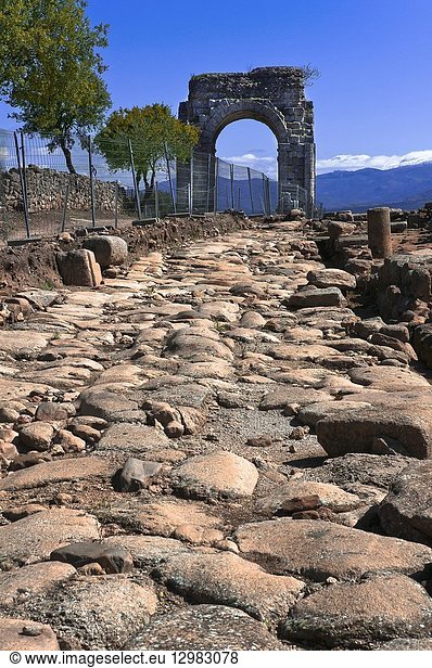 Roman ruins of Caparra Roman road and Arch cuadrifronte Via de la Plata Guijo de Granadilla Caceres province Region of Extremadura Spain Europe.