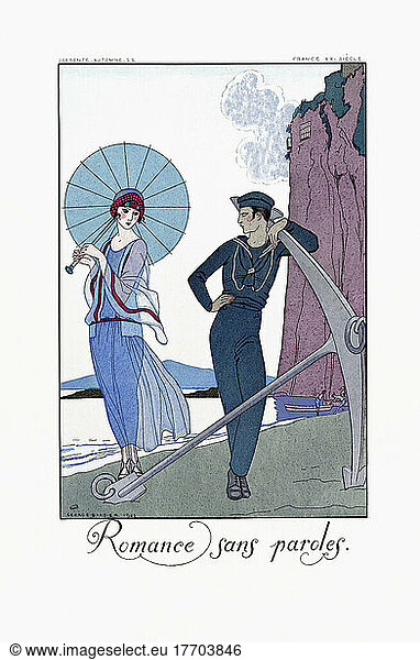 Romance sans paroles. Romance without words. From George Barbier's almanac Falbalas et Fanfreluches 1922 - 1926. After a work by French illustrator George Barbier  1882 - 1932.
