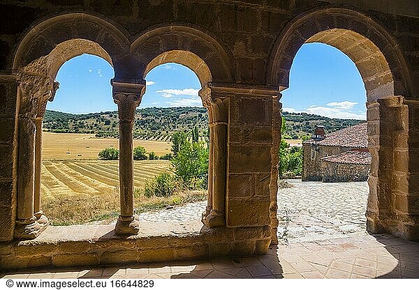 Romanesque atrium and landscape. San Juan Bautista church  Jodra del Pinar  Guadalajara province  Castilla La Mancha  Spain.