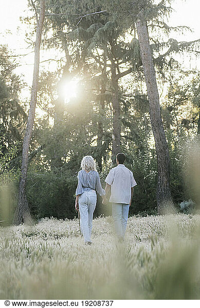 Romantic couple holding hands and walking in park