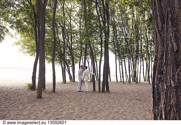 Romantic gay couple standing amidst trees at beach