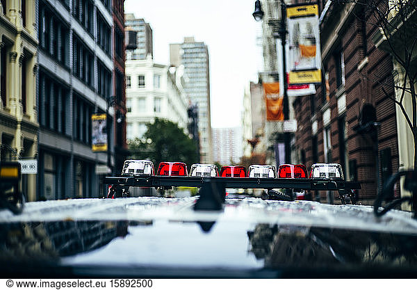 Roof of a police car in the streets of New York City  USA
