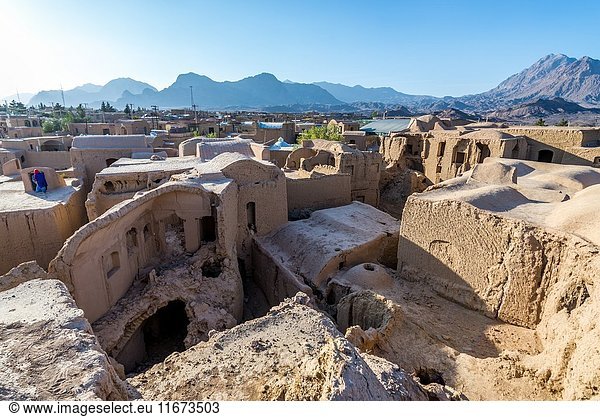 Roof of mud bricked buildings in ancient, abandoned part of Kharanaq village in Ardakan County, Yazd Province, Iran.