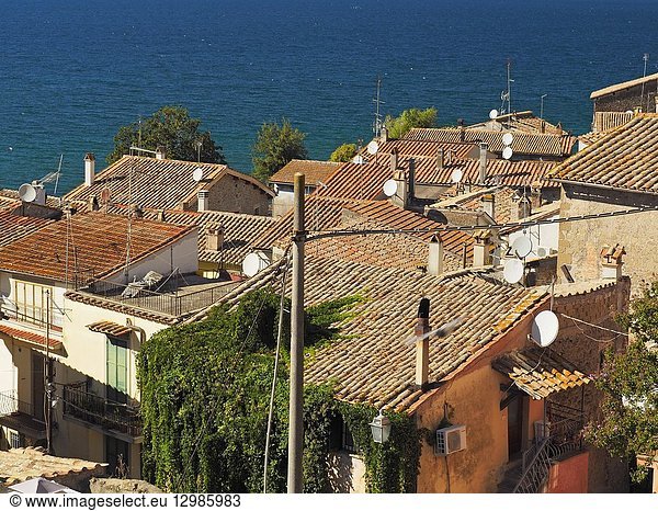 Roof tops and Lake Bracciano at Anguillaro Sabazia  Lazio Region  Italy.