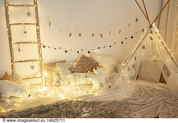 Room decorated with fairy lights