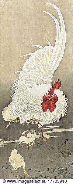 Rooster and Three Chicks  by Japanese artist Ohara Koson  1877 - 1945. Ohara Koson was part of the shin-hanga  or new prints movement.