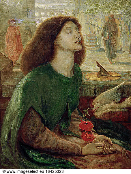 Rossetti  Dante Gabriel.
1828 – 1882 
English poet  illustrator  painter and translator. “Beata Beatrix   begun in 1877  left unfinished in 1882; completed by Ford Madox Brown (1821–1893). (for Dante’s “La Vita nuova ). Oil on canvas  86.8 × 68.3 cm.
Birmingham  City Museum and Art Gallery.