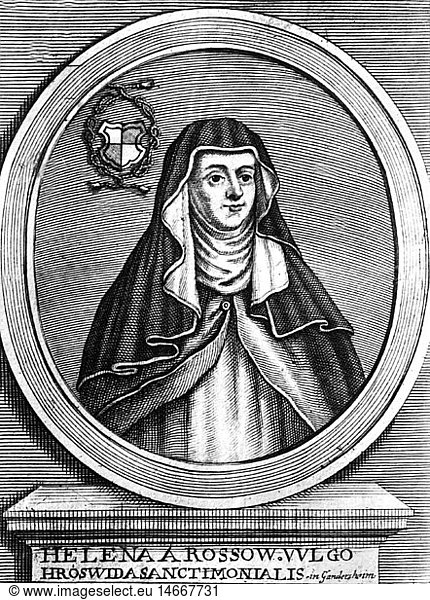 Roswitha von Gandersheim  um 935 - nach 973  deut. Schriftstellerin  Halbfigur  Kupferstich  18. Jahrhundert Roswitha von Gandersheim, um 935 - nach 973, deut. Schriftstellerin, Halbfigur, Kupferstich, 18. Jahrhundert,