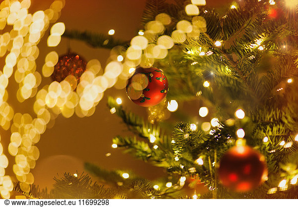 Rote Ornamente hängen am Weihnachtsbaum mit Lichterkette