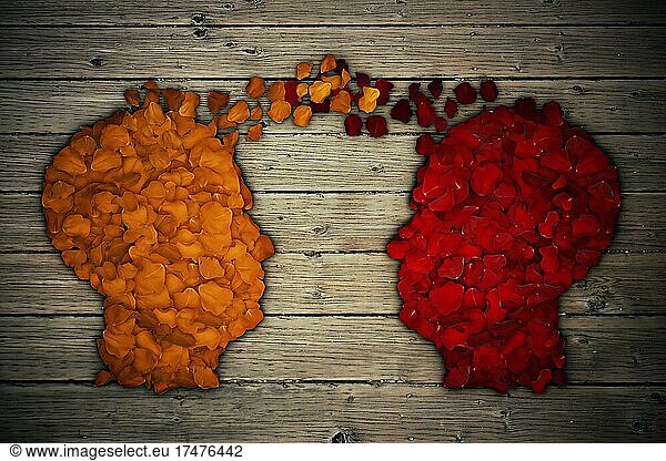 Rote und gelbe Rosenblüten in Form von menschlichen Kopf angeordnet erzeugen Denken Austausch und Idee Partnerschaft Geschäft. Sprechen zusammen Social Media-Konzept. Kommunikationssymbol als Basis für eine Beziehung