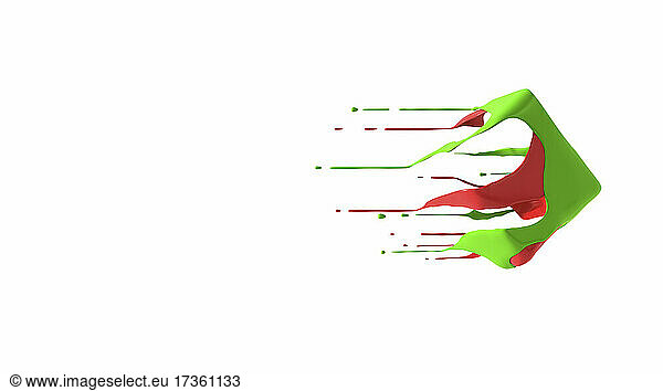 Rote und grüne Flüssigkeit Würfel fliegen vorbei weißen Hintergrund