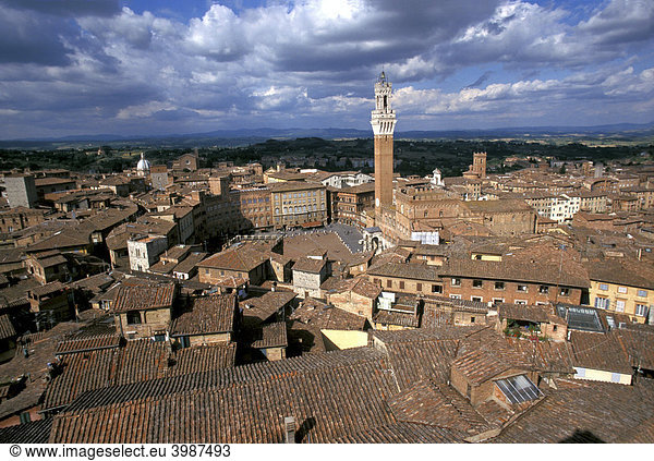 Rote Ziegeldächer,  Campanile-Turm,  Campo,  Siena,  Toskana,  Italien,  Europa