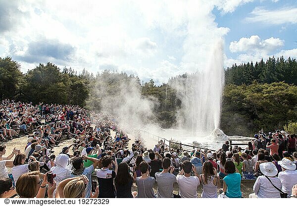 Rotorua  New Zealand  February 25  2015: Tourists watching the eruption of Lady Knox geyser in Wai-o-Tapu National Park  Oceania