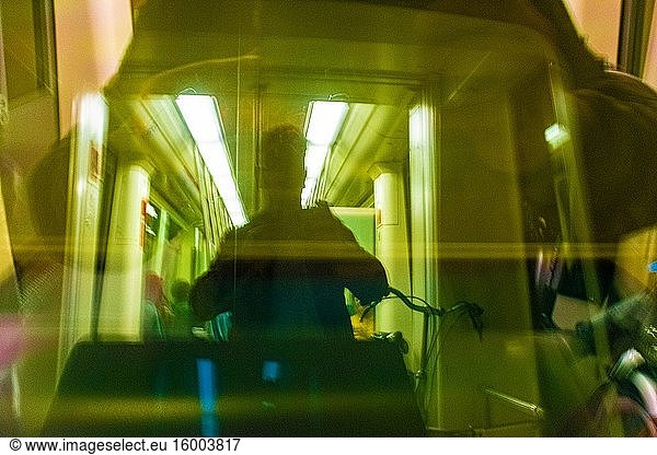 Rotterdam  Netherlands. Reflections and a Peek Through inde a subway train front window.
