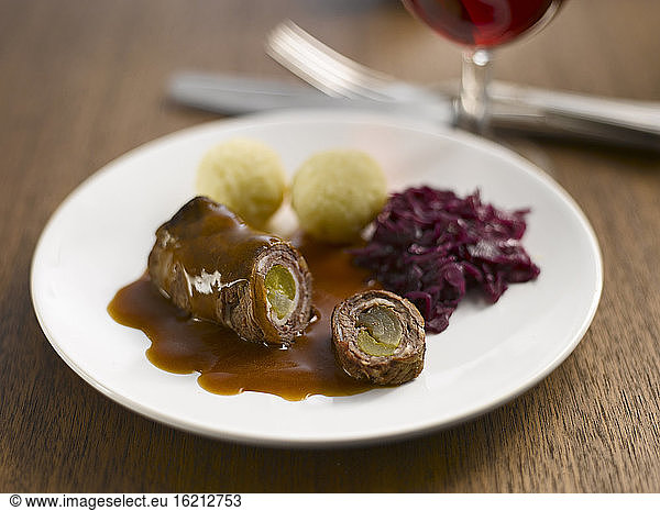 Roulade with red cabbage and dumplings  close-up