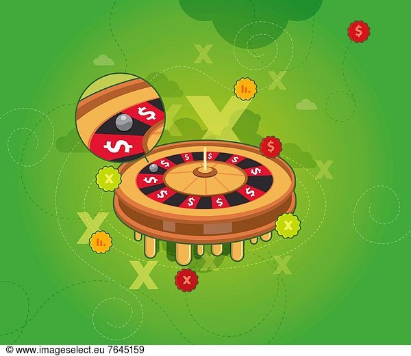 Roulette wheel with magnification on roulette ball depicting loss of game