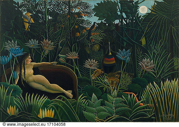 Rousseau  Henri;
French painter; 1844–1910. “Le rêve (The Dream)  1910. Oil on canvas  204 × 298 cm.
Gift of Nelson A. Rockefeller 
New York  Museum of Modern Art.