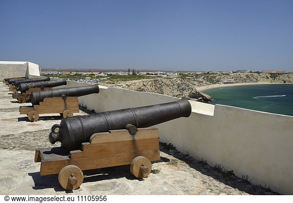 Row of cannons at Sagres fort (Fortaleza de Sagres)  Ponta de Sagres  Algarve  Portugal  Europe
