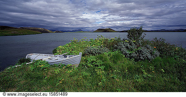 rowing boat parked at Lake Myvatn in north Iceland