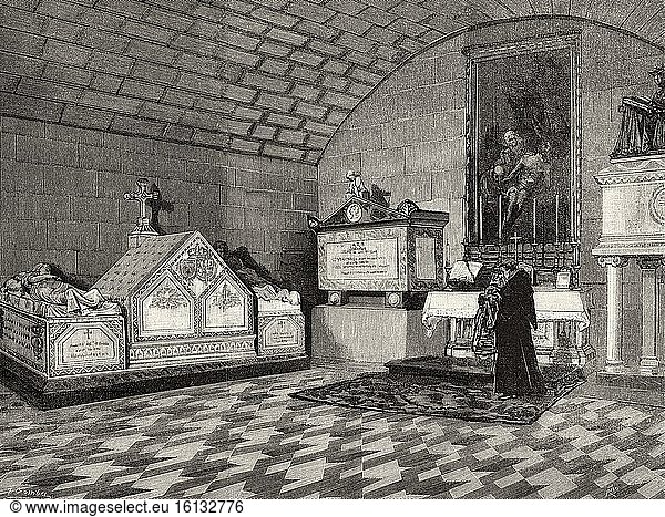 Royal Crypt of the Monastery of San Lorenzo de El Escorial. Pantheon of infants  where is buried Antonio d'Orleans (1824-1890) Duke of Montpensier  Madrid. Spain. Old XIX century engraved illustration from La Ilustracion Espa?ola y Americana 1890.