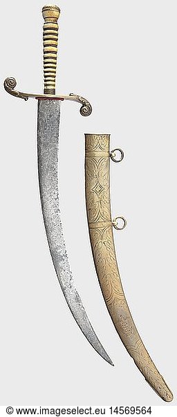 Royal Prussian Navy - an officer's dagger  circa 1850. Curved single-edge blade  with some rust pitting. S-shaped quillons  turned ivory grip. Pommel nut made from a Prussian naval uniform button. Brass scabbard with two suspension rings  with engraved acanthus leaves and the Prussian eagle on an anchor. The name 'Barandon' is engraved on the back. Length 40 cm. Paul Barandon commanded the mail ship 'PreuÃŸischer Adler' that was taken over along with its captain by the Prussian navy as an auxiliary war ship in 1849. Battle of Helgoland  1864. Typical early  non-regulation naval dagger  of museum quality. historic  historical  19th century  navy  naval forces  military  militaria  branch of service  branches of service  armed forces  armed service  object  objects  stills  clipping  clippings  cut out  cut-out  cut-outs  thrusting  thrustings  hand weapon  hand weapons  melee weapon  melee weapons  handheld  blade  blades  weapon  arms  weapons  arms