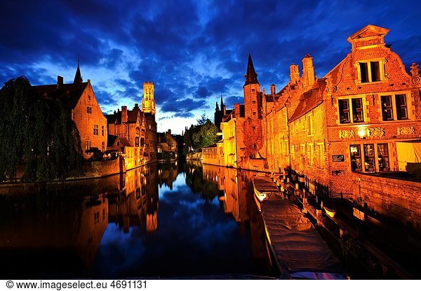 Rozenhoedkaai Quay of the rosary with Belfort tower  Bruges  Brugge  Flanders Belgium  UNESCO World Heritage Site