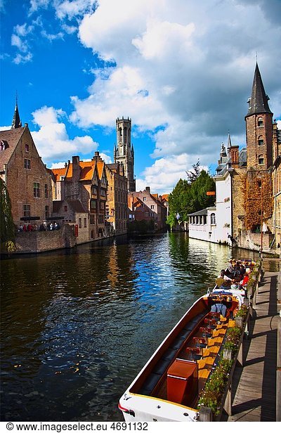 Rozenhoedkaai Quay of the rosary with Belfort tower  Bruges  Brugge  Flanders Belgium  UNESCO World Heritage Site