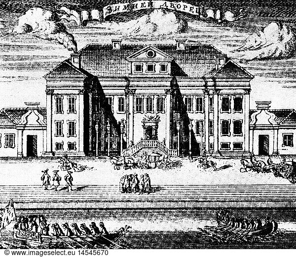 RuÃŸland hist.- StÃ¤dte  Sankt Petersburg  SchlÃ¶sser  Winterpalast  erbaut ab 1711  Ansicht  Kupferstich  um 1717 RuÃŸland hist.- StÃ¤dte, Sankt Petersburg, SchlÃ¶sser, Winterpalast, erbaut ab 1711, Ansicht, Kupferstich, um 1717,