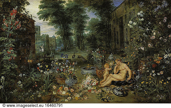 Rubens  Peter Paul  1577–1640 (figures)and Brueghel  Jan t. Y.  1601–1687(Landscape and animals).“Smell .Oil on canvas  64 × 109cm.Madrid  Museo del Prado.