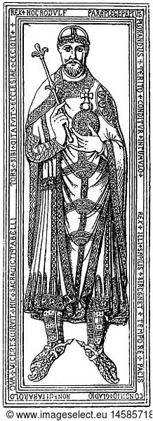 Rudolf von Rheinfelden  um 1025 - 16.10.1080  deut. GegenkÃ¶nig 15.3.1077 - 16.10.1080  Ganzfigur  Grabplatte im Dom von Merseburg  11. Jahrhundert  Xylografie  19. Jahrhundert