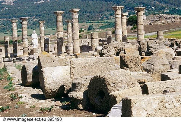 Ruine der Basilika in der alten römischen Stadt von Baelo Claudia (II v. Chr.). Tarifa. Provinz Cadiz. Spanien