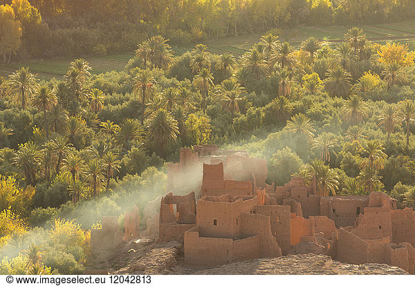Ruine einer Kasbah in der Palmerie bei Tinerhir  Brandrauch wirbelt durch die Palmen  Marokko  Nordafrika  Afrika