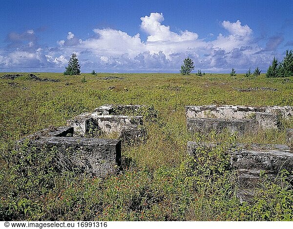 Ruinen aus der Zeit  als die heute unbewohnte Insel von Arbeitern bewohnt war  die Guano abbauten. Jetzt ist die ganze Insel zerstört und alle Millionen von Seevögeln  die einst auf der Insel lebten  sind verschwunden. St. Pierre  Seychellen.