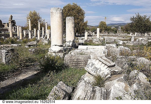 Ruinen in der antiken Stadt Aphrodisias. Türkei. Die Überreste des antiken Aphrodisias lagen teilweise unter dem Dorf Geyre mit etwa 950 Einwohnern verborgen. Die Ausgrabungen begannen in den frühen 1960er Jahren. Das Dorf Geyre wurde bei Beginn der Ausgrabungen verlegt.