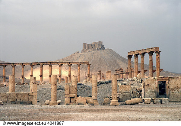 Ruinen von Palmyra  im Hintergrund die Araberburg Qal'at ibn Ma'n  Syrien  Naher Osten  Asien