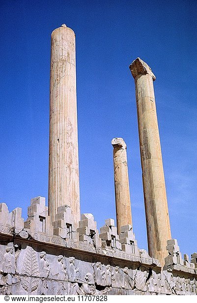 Ruins of columns  Apadana Palace of Emperor Darius the Great  Persepolis archaeological site  Iran.