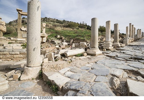 Ruins of columns line Curetes Way (Curetes Street) in the archaeological site of the ancient Greco-Roman city of Ephesus. UNESCO World Heritage Site Selçuk Izmir Province Ionia Region Turkey Eurasia.