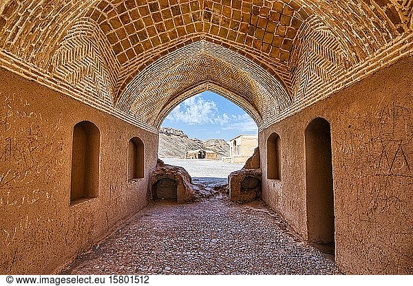 Ruins of ritual buildings near Dakhmeh Zoroastrian Tower of Silence  Yazd  Iran  Asia
