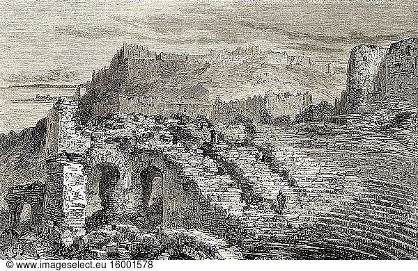 Ruins of the Roman theatre in Murviedro,  Sagunto,  Comunidad Valenciana. Spain,  Europe. Old 19th century engraved illustration,  El Mundo en la Mano 1878.