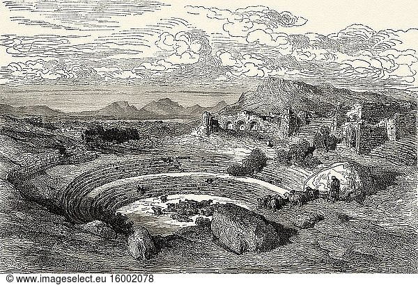 Ruins of the Roman theatre of Merida  Extremadura  Spain  Europe. Old 19th century engraved illustration  El Mundo en la Mano 1878.