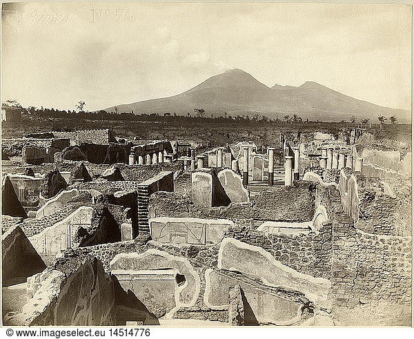 Ruins with Mount Vesuvius in Background  Pompeii  Italy  Albumen Print  1880